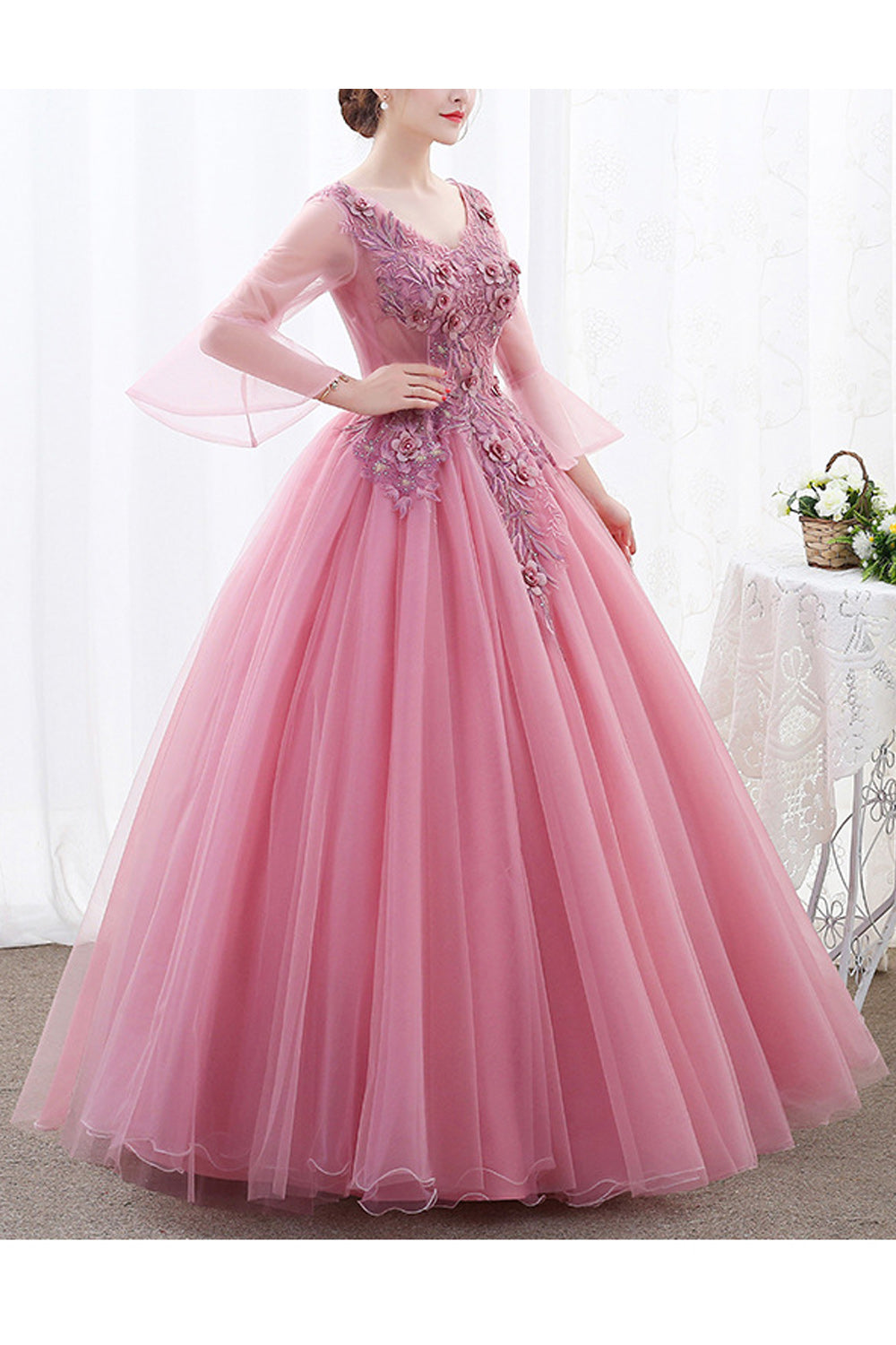 Women V-Neck Style Pretty Flower Embroidered Thin Long Sleeve Wedding Dress