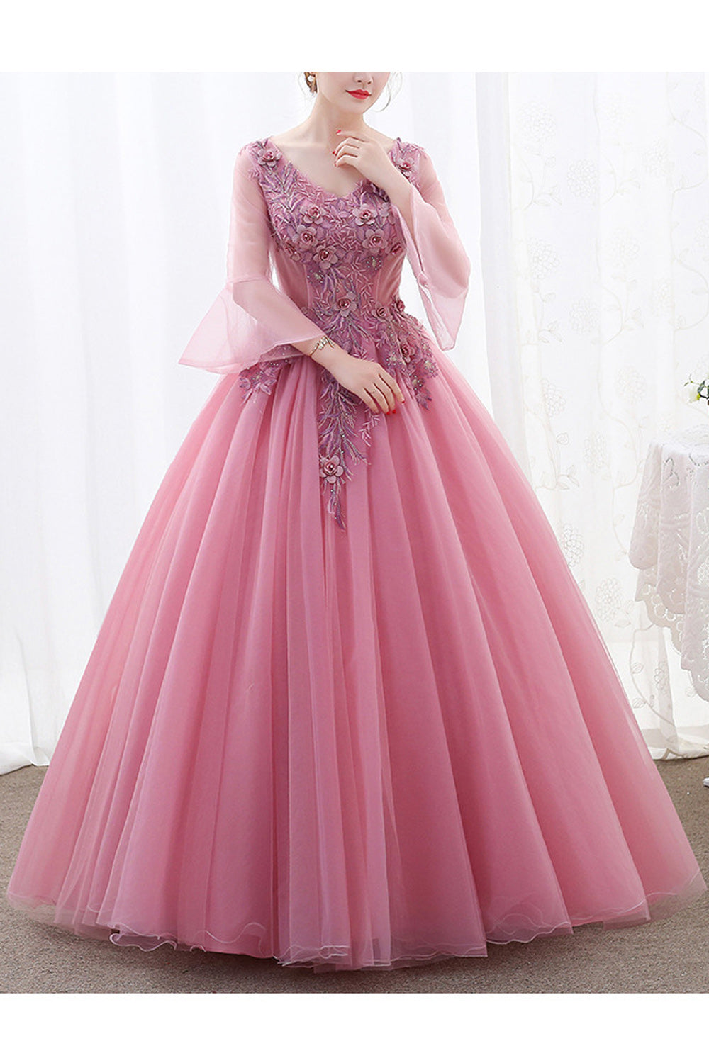 Women V-Neck Style Pretty Flower Embroidered Thin Long Sleeve Wedding Dress