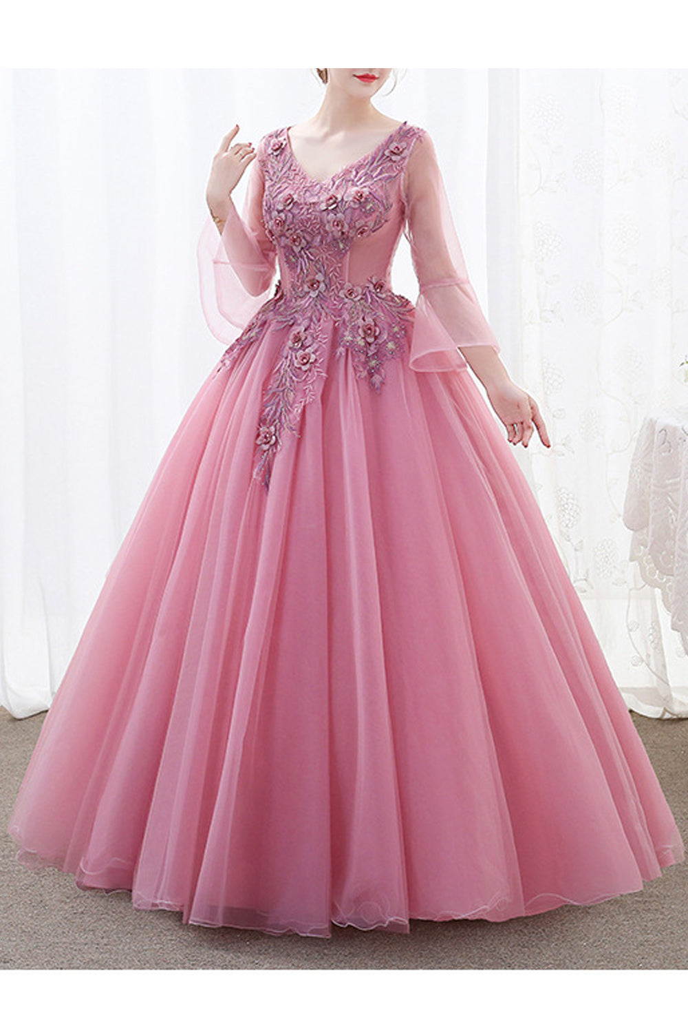 Women V-Neck Style Pretty Flower Embroidered Thin Long Sleeve Wedding Dress