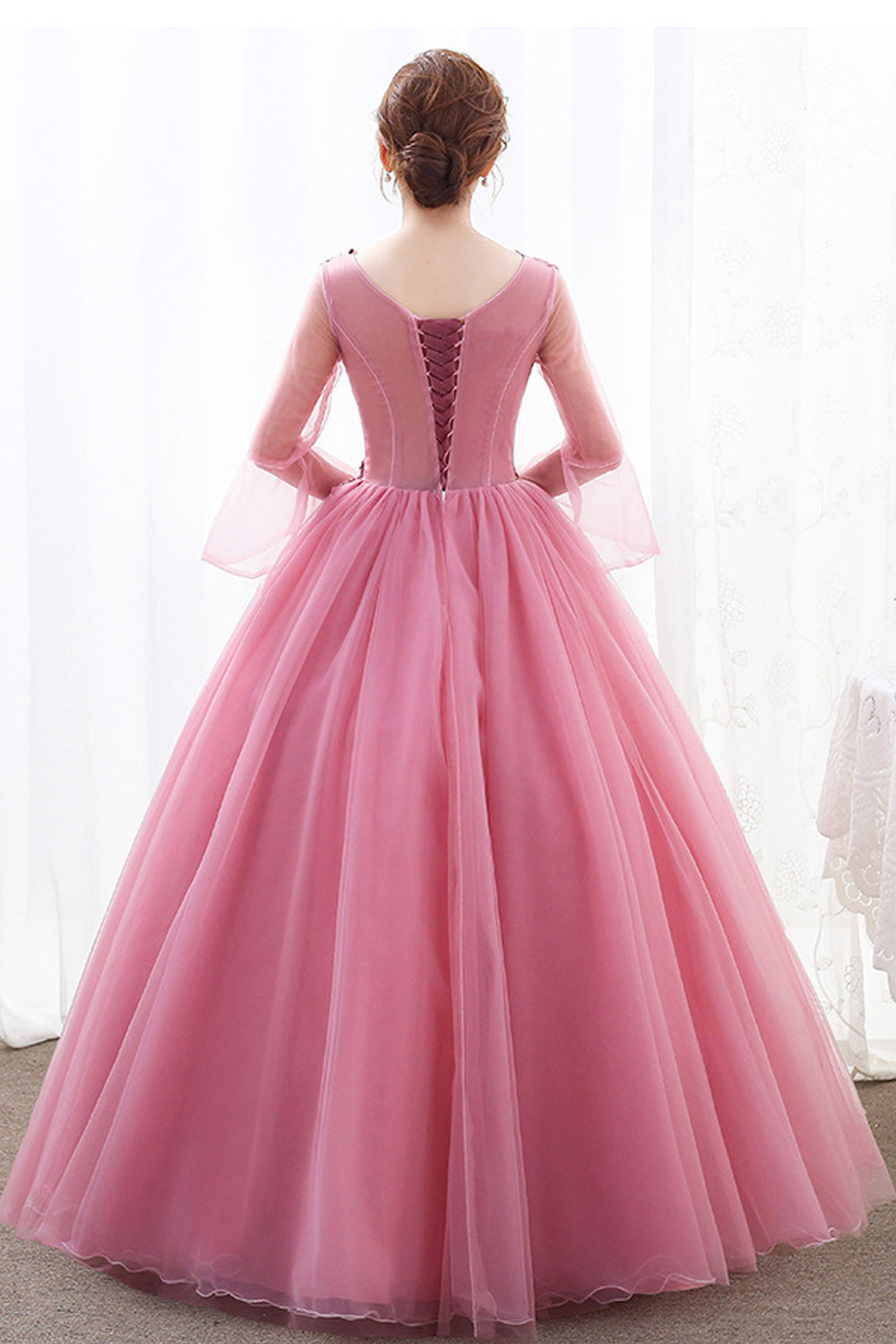Women V-Neck Style Pretty Flower Embroidered Thin Long Sleeve Wedding Dress