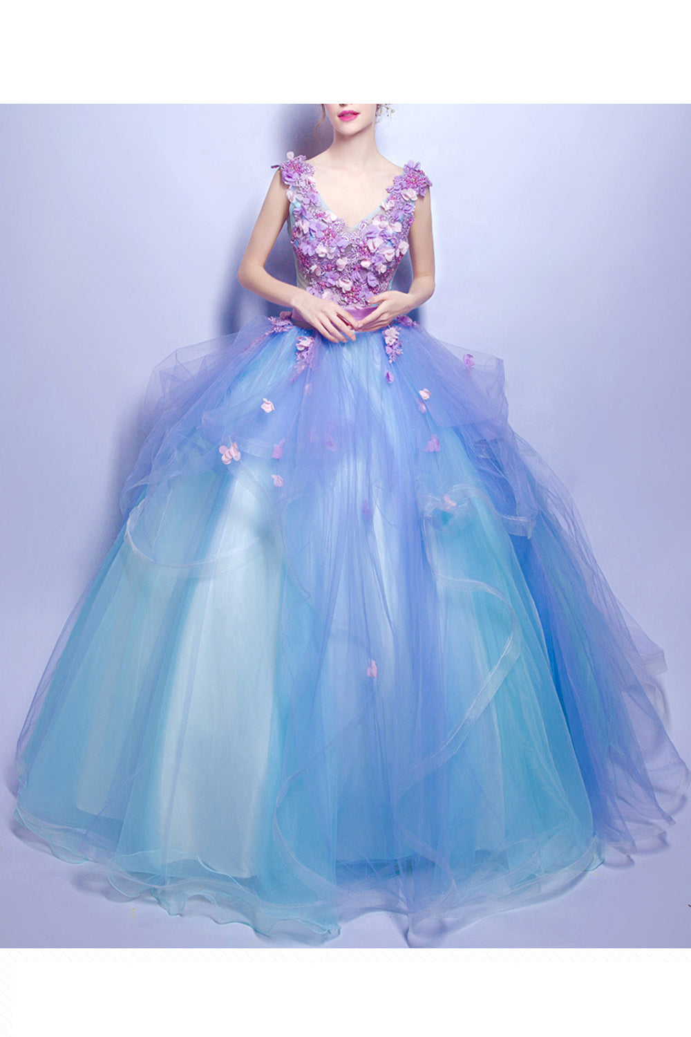 Women Deep V-Neck Style Fashionable Flower Decorated Evening Dress