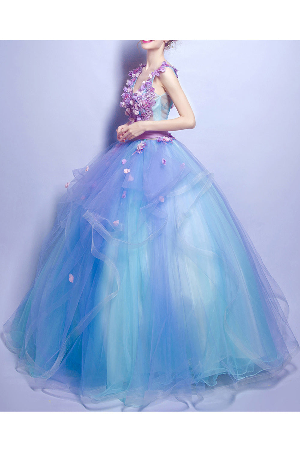 Women Deep V-Neck Style Fashionable Flower Decorated Evening Dress