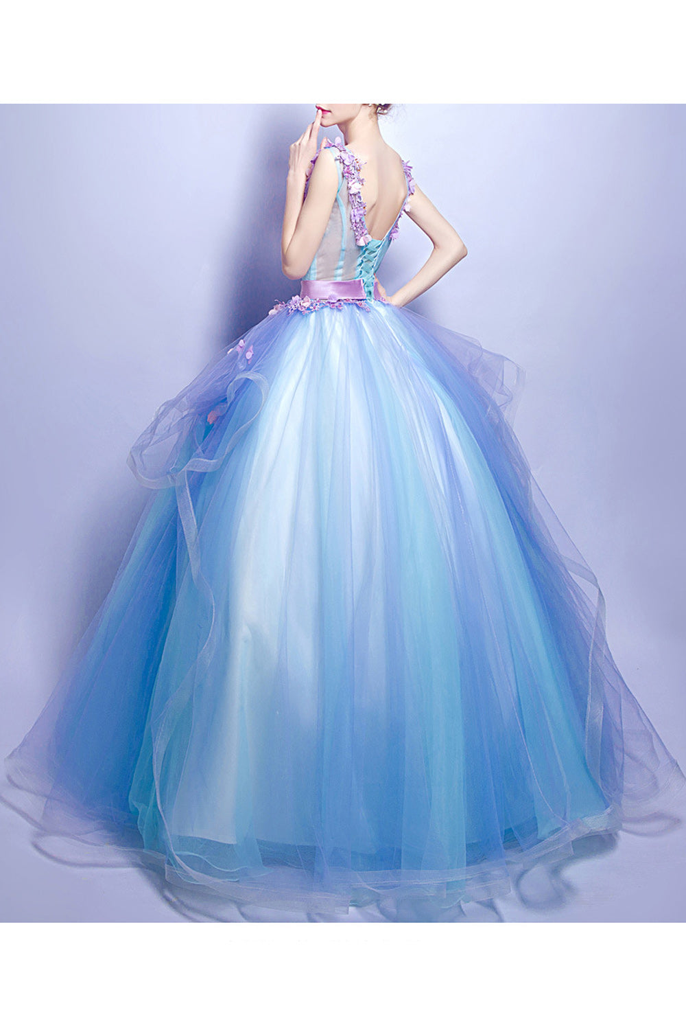 Women Deep V-Neck Style Fashionable Flower Decorated Evening Dress