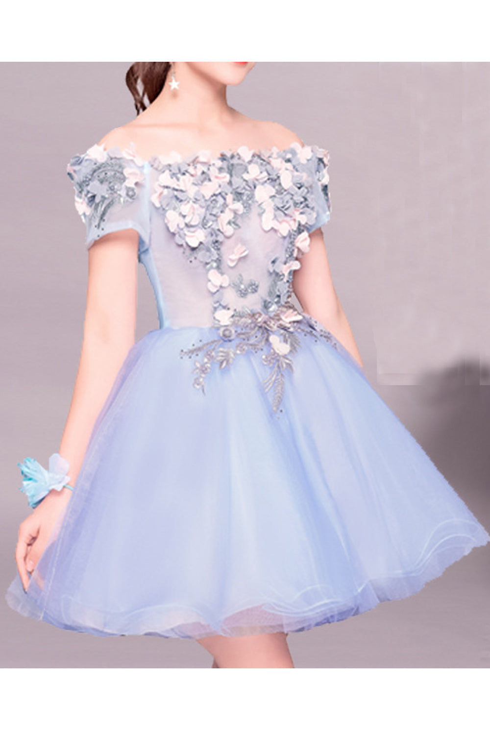 Women Shot Sleeve Fairy Style Floral Attached Beautiful Evening Dress