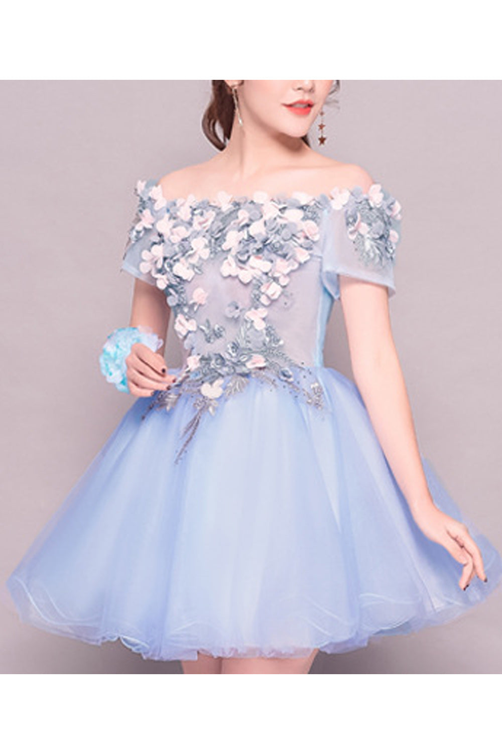 Women Shot Sleeve Fairy Style Floral Attached Beautiful Evening Dress