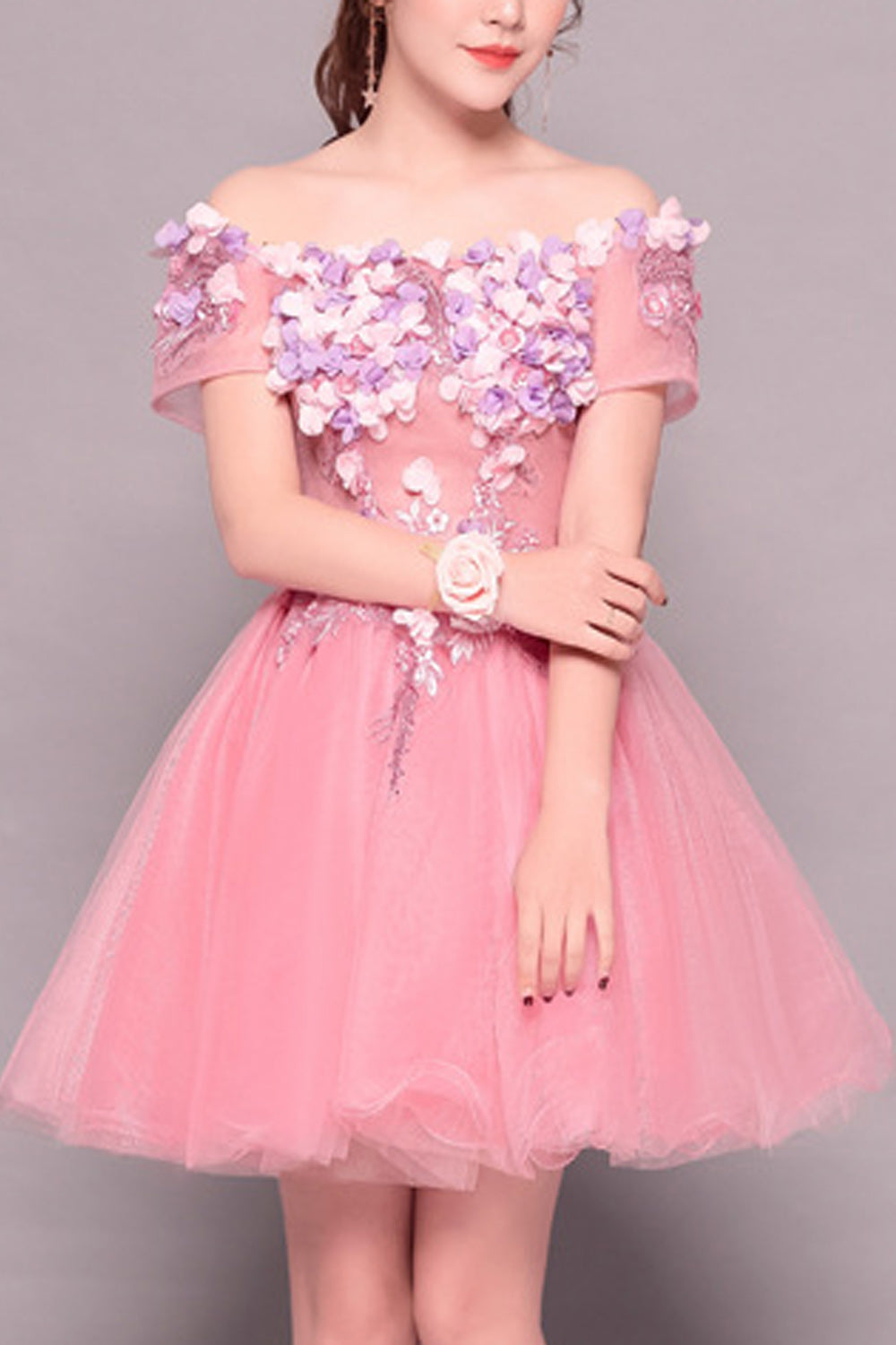 Women Shot Sleeve Fairy Style Floral Attached Beautiful Evening Dress