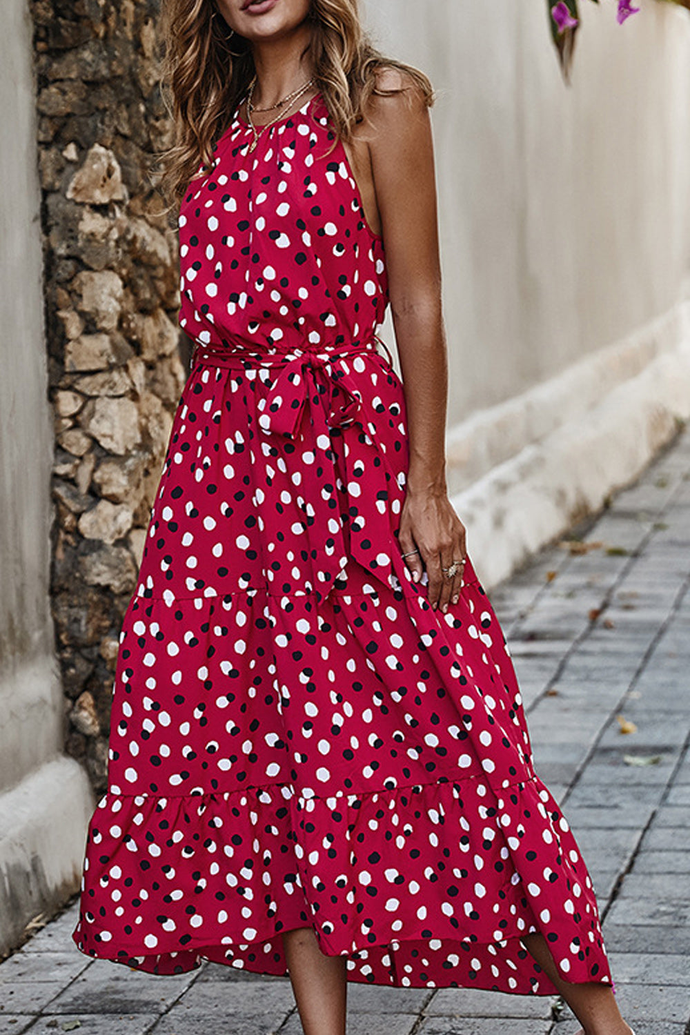 Women Full Length Polka Dotted Tie Knot Waist Stylish Dress
