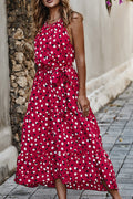 Women Full Length Polka Dotted Tie Knot Waist Stylish Dress