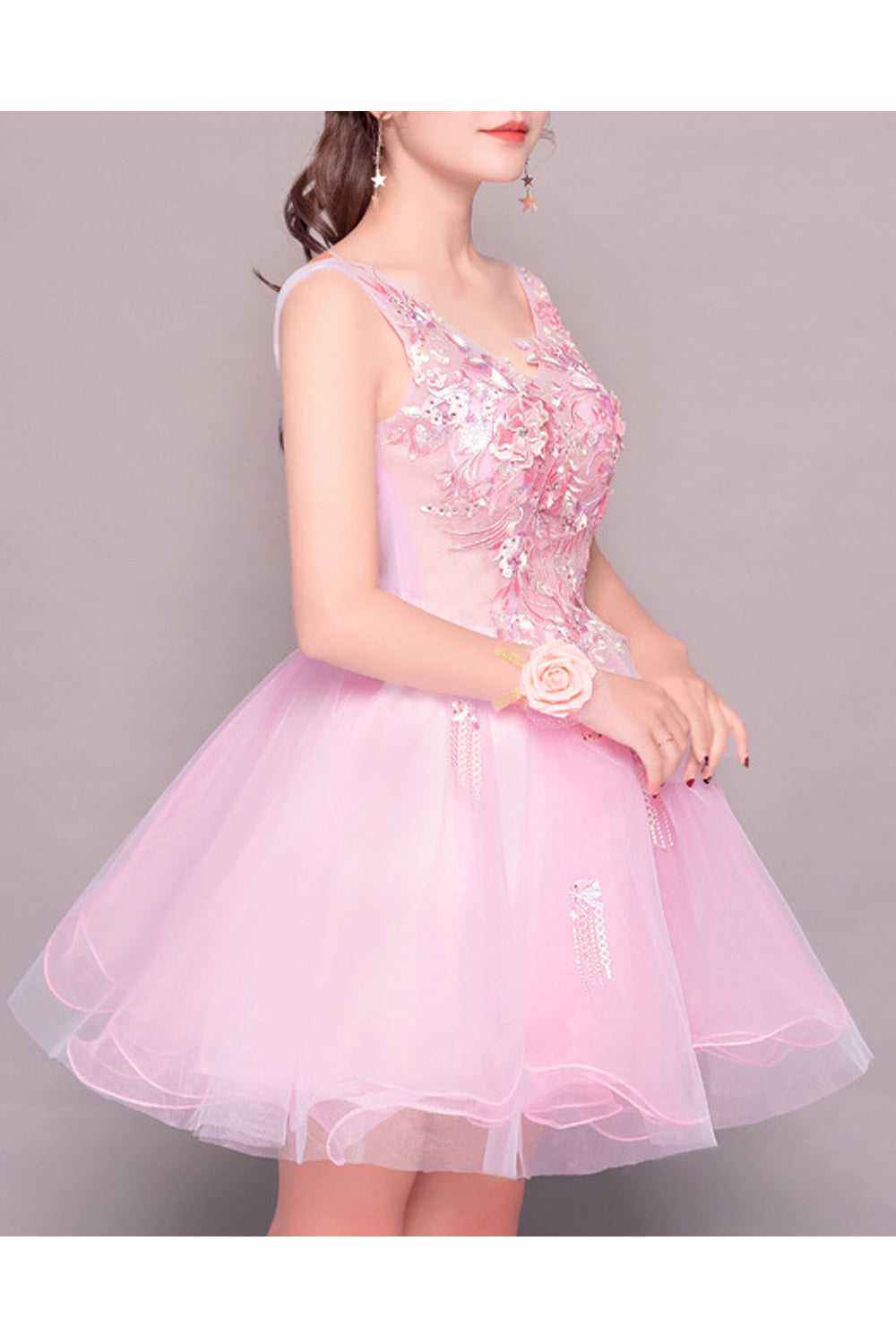 Women Classy V-Neck Style Pretty Flower Decorated Thin Evening Dress