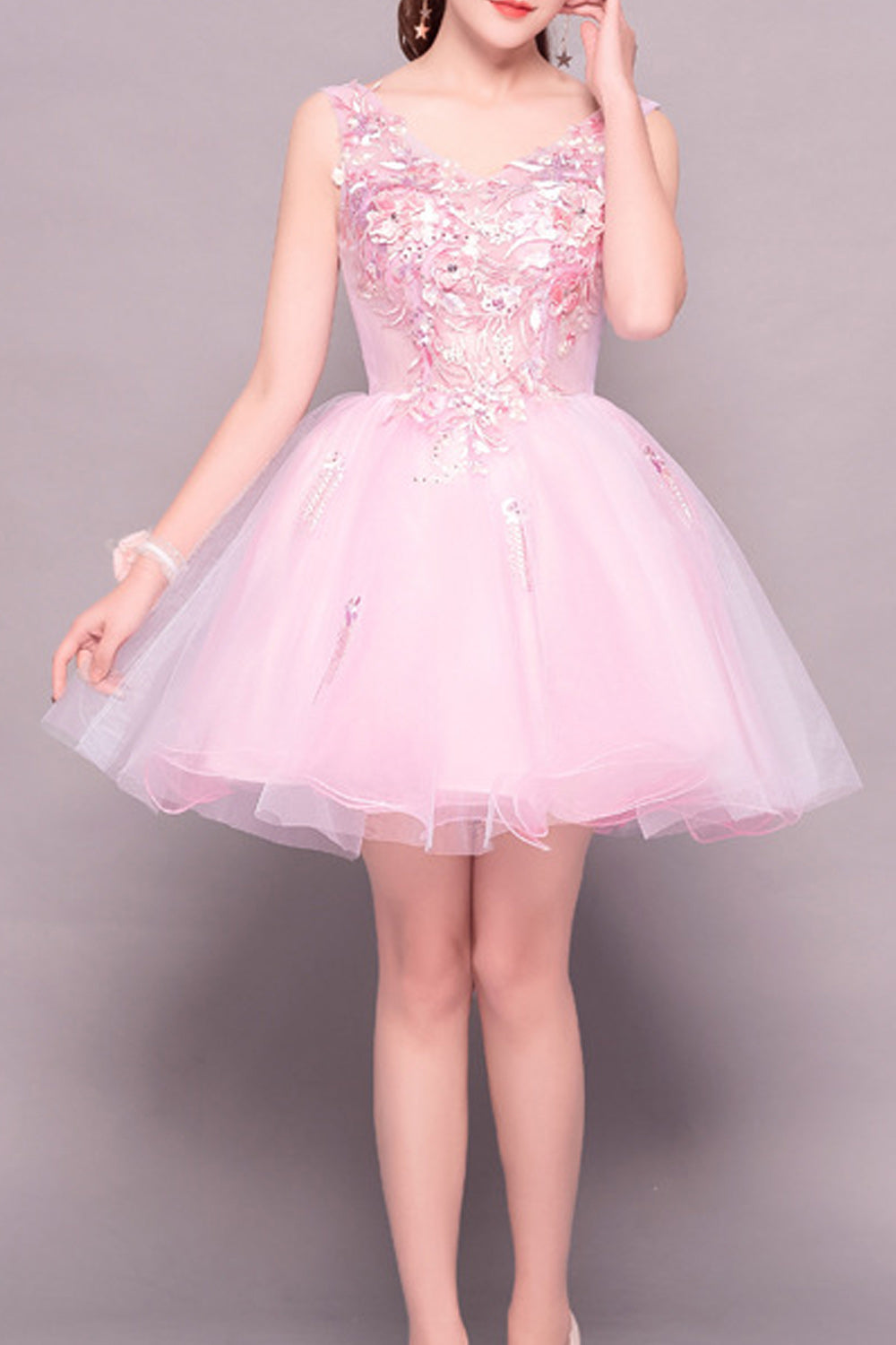 Women Classy V-Neck Style Pretty Flower Decorated Thin Evening Dress