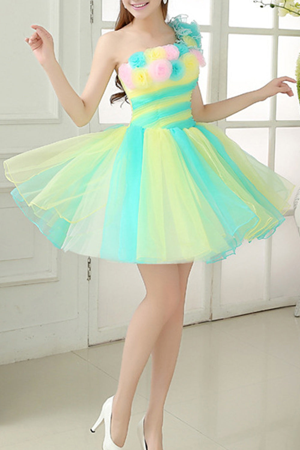 Women Thin Cool Colorful Flower Decorated Pretty Pleated Skirt Evening Dress