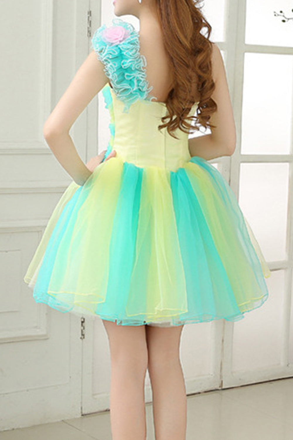Women Thin Cool Colorful Flower Decorated Pretty Pleated Skirt Evening Dress