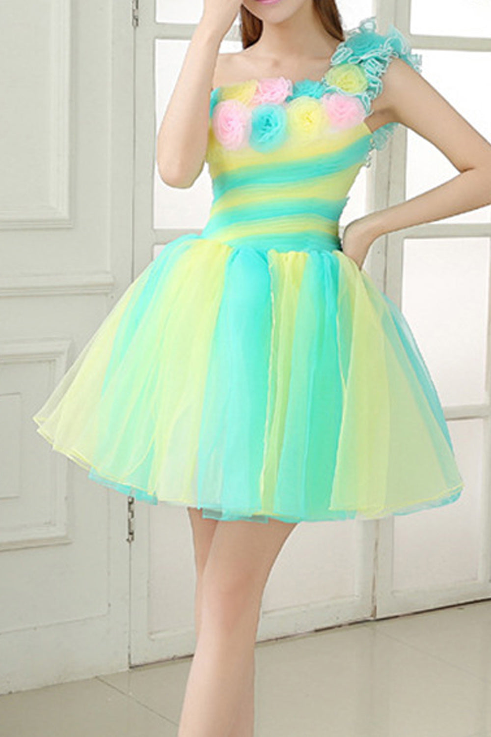 Women Thin Cool Colorful Flower Decorated Pretty Pleated Skirt Evening Dress