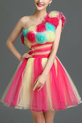 Women Thin Cool Colorful Flower Decorated Pretty Pleated Skirt Evening Dress