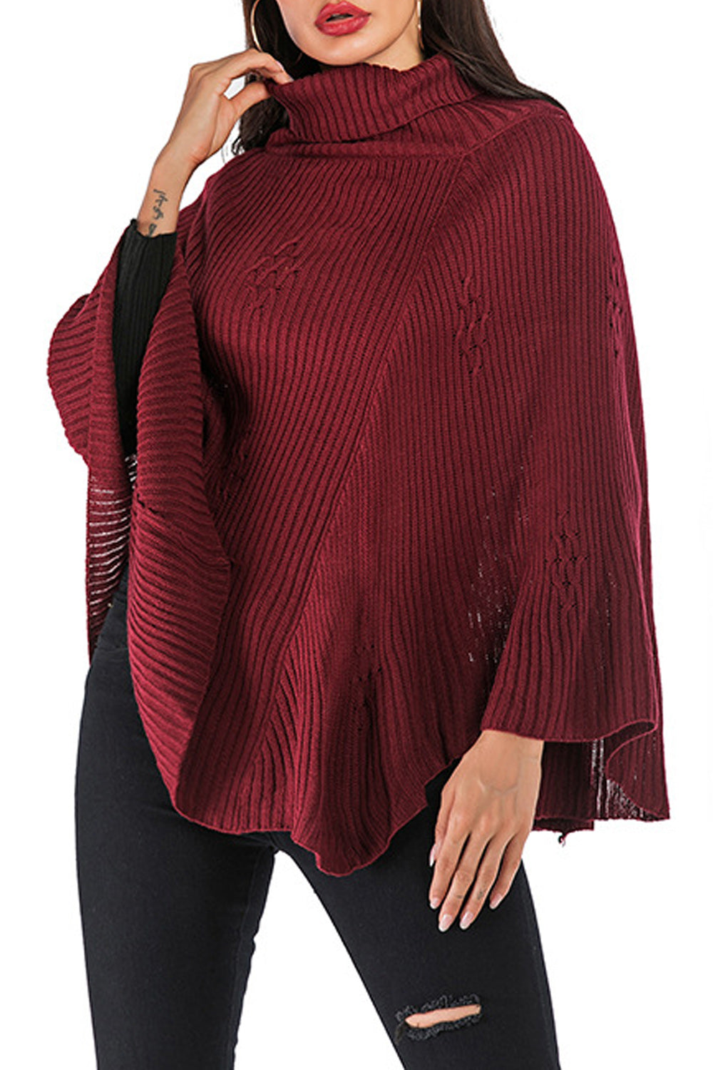 Women Stylish High Neck Bat Sleeve Knitwear Warm Sweater