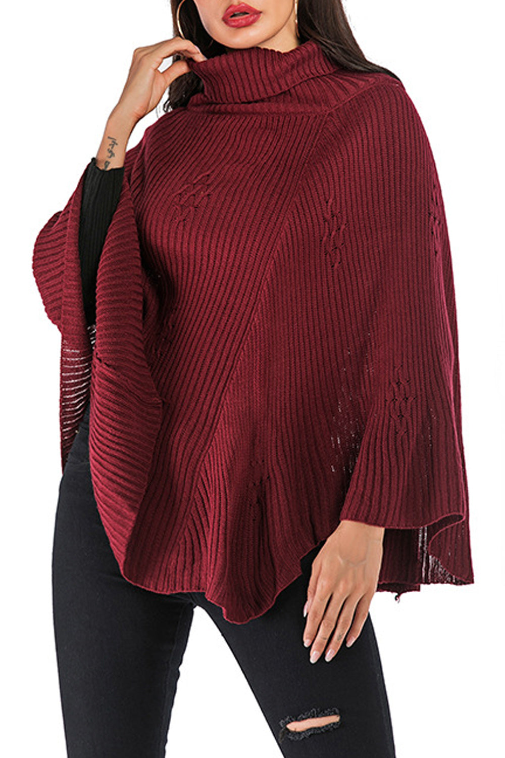 Women Stylish High Neck Bat Sleeve Knitwear Warm Sweater