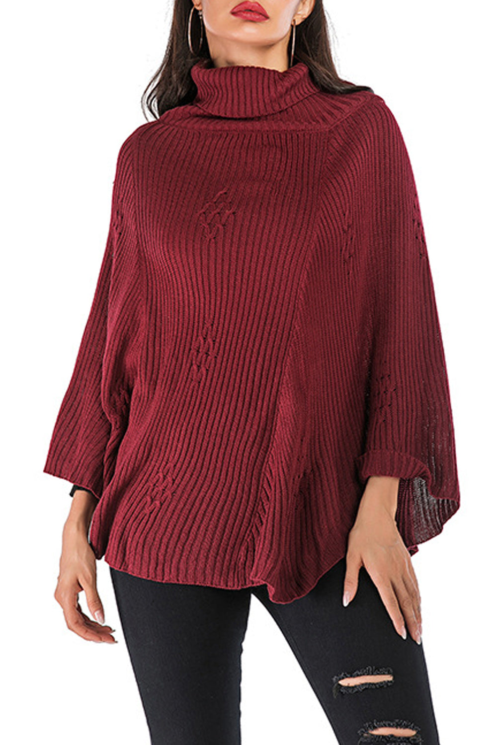 Women Stylish High Neck Bat Sleeve Knitwear Warm Sweater