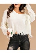 Women Loose Shredded Hem V-Neck Warm Pullover Sweater
