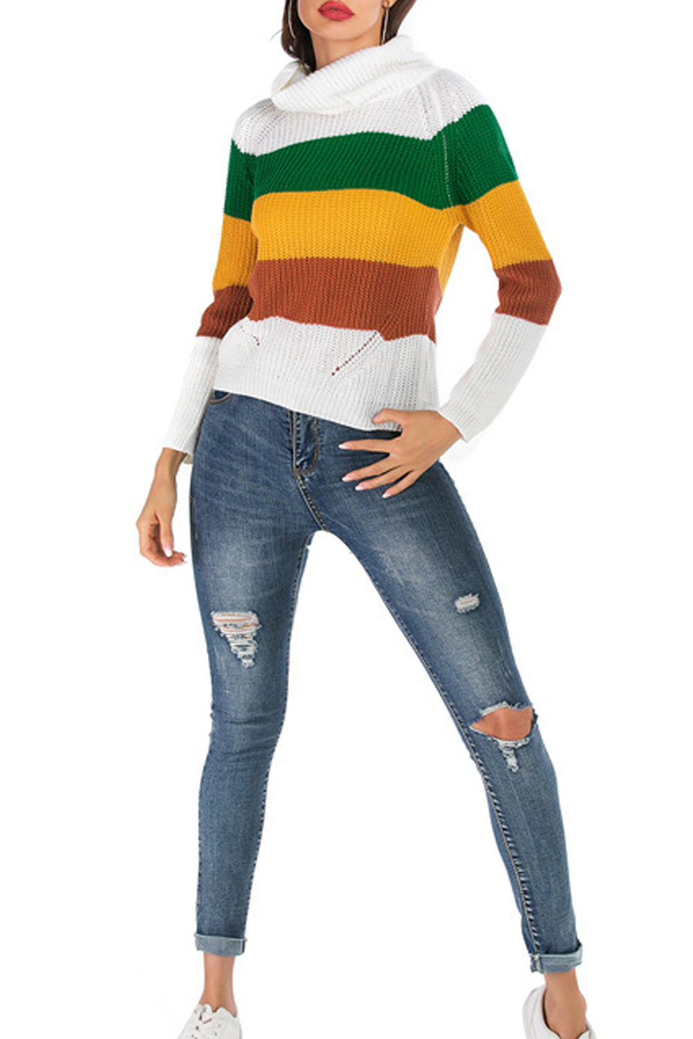 Women Warm Knit High Neck Long Sleeve Contrast Sweater