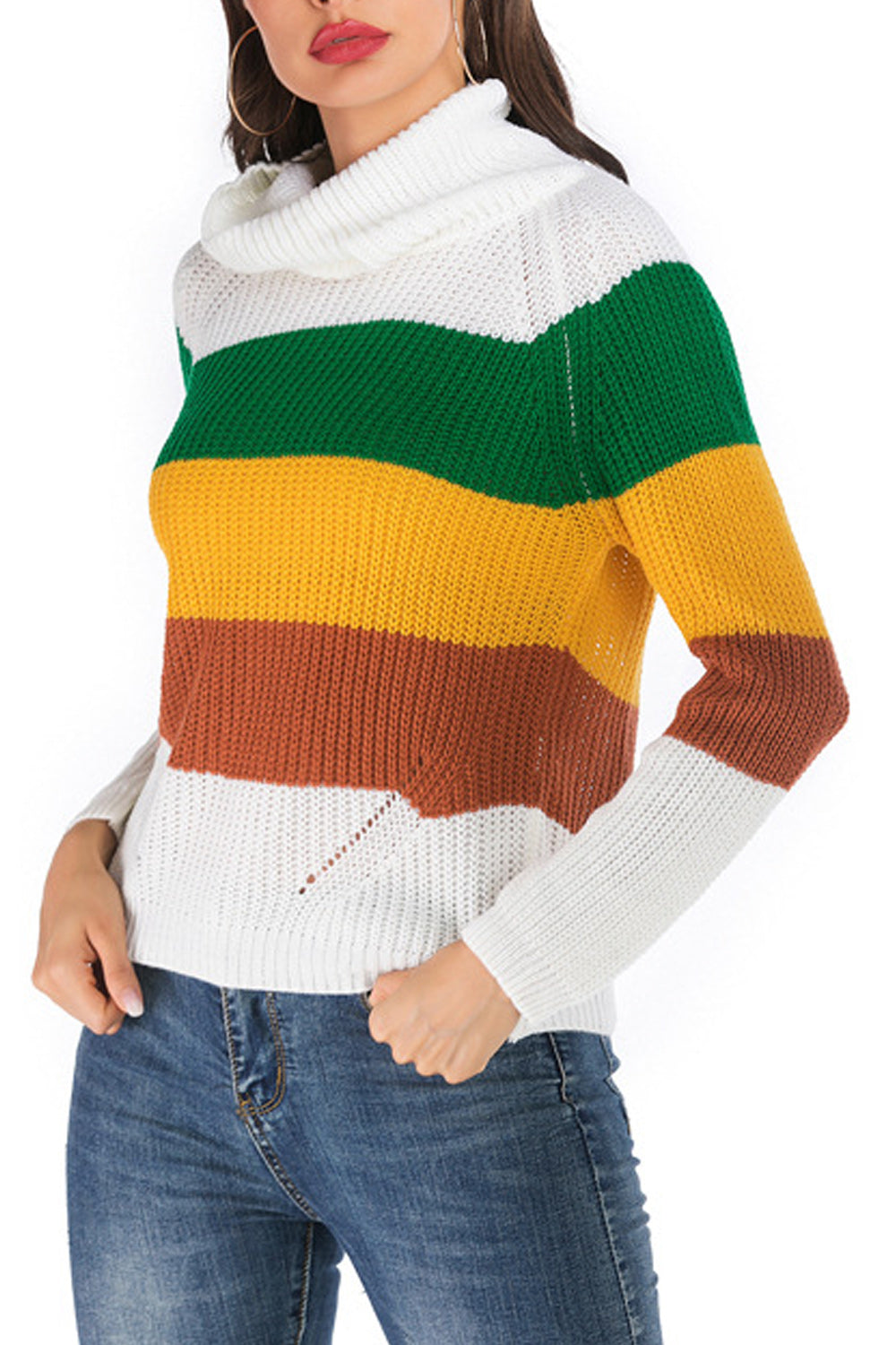 Women Warm Knit High Neck Long Sleeve Contrast Sweater