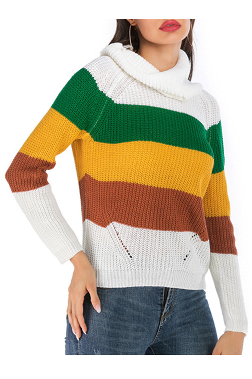 Women Warm Knit High Neck Long Sleeve Contrast Sweater