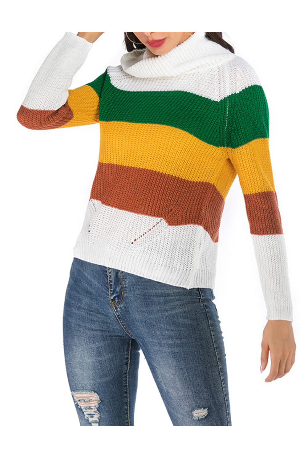 Women Warm Knit High Neck Long Sleeve Contrast Sweater