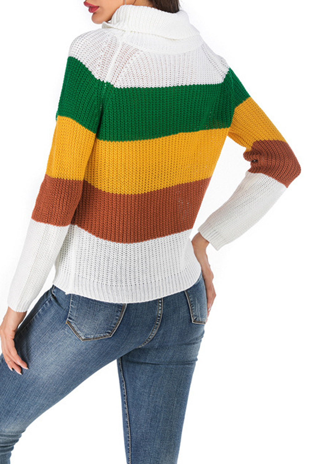Women Warm Knit High Neck Long Sleeve Contrast Sweater