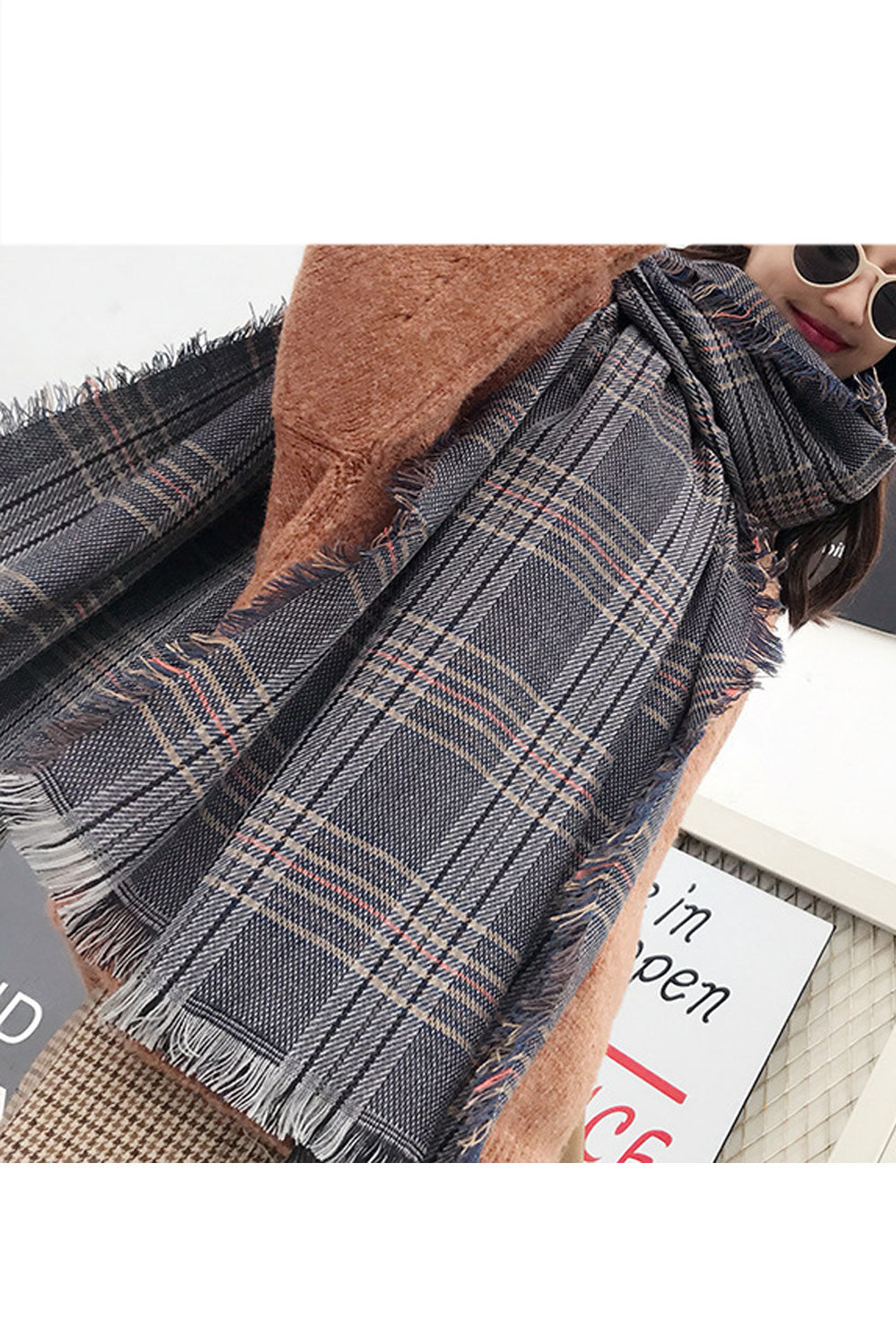 Women Lovely Plaid Pattern Comfortable Cozy Long Length Muffler