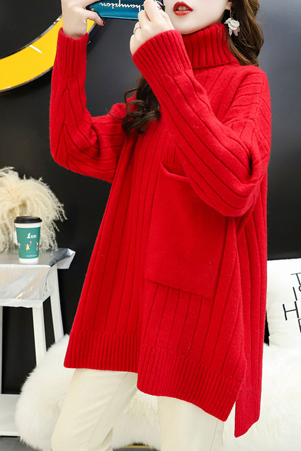 Women Mid Length Solid Colored High Neck Cozy Long Sleeve Sweater