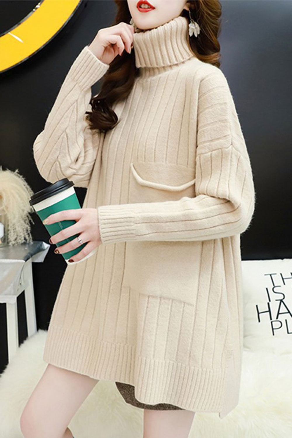 Women Mid Length Solid Colored High Neck Cozy Long Sleeve Sweater
