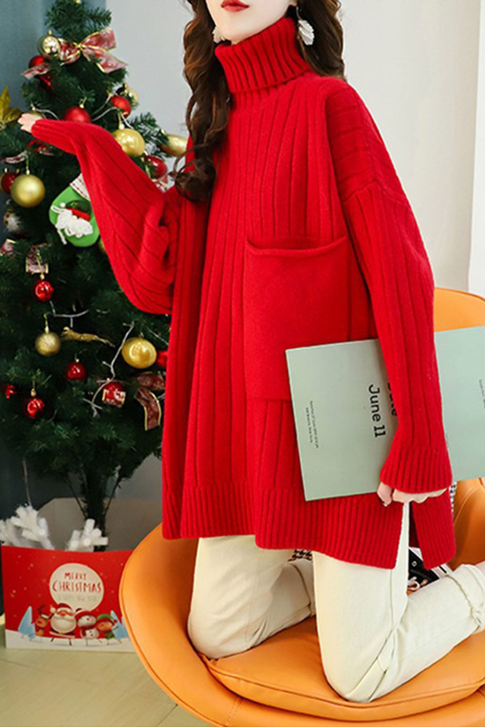 Women Mid Length Solid Colored High Neck Cozy Long Sleeve Sweater