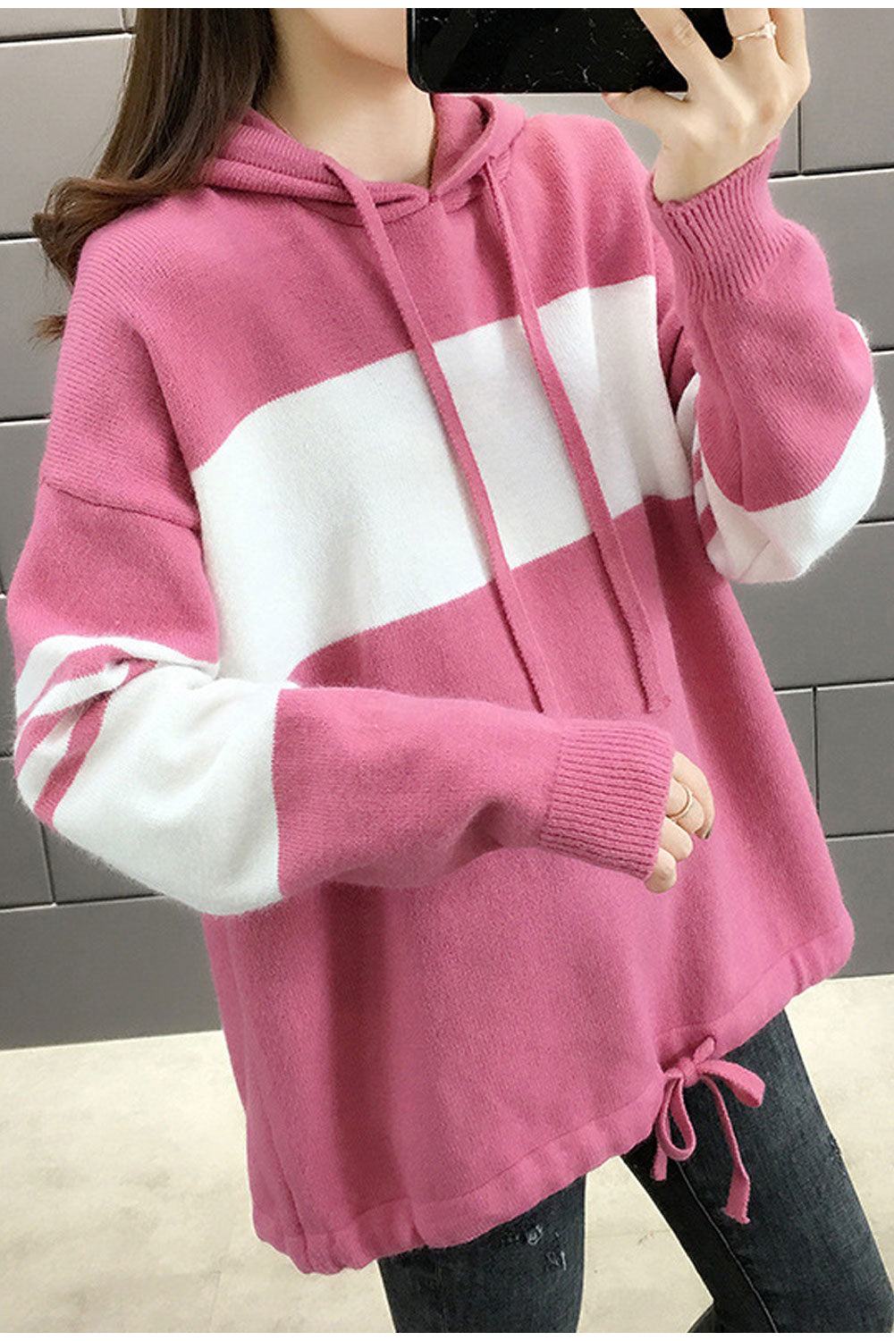 Women Drawstring Hooded Long Sleeve Thick Cozy Sweater