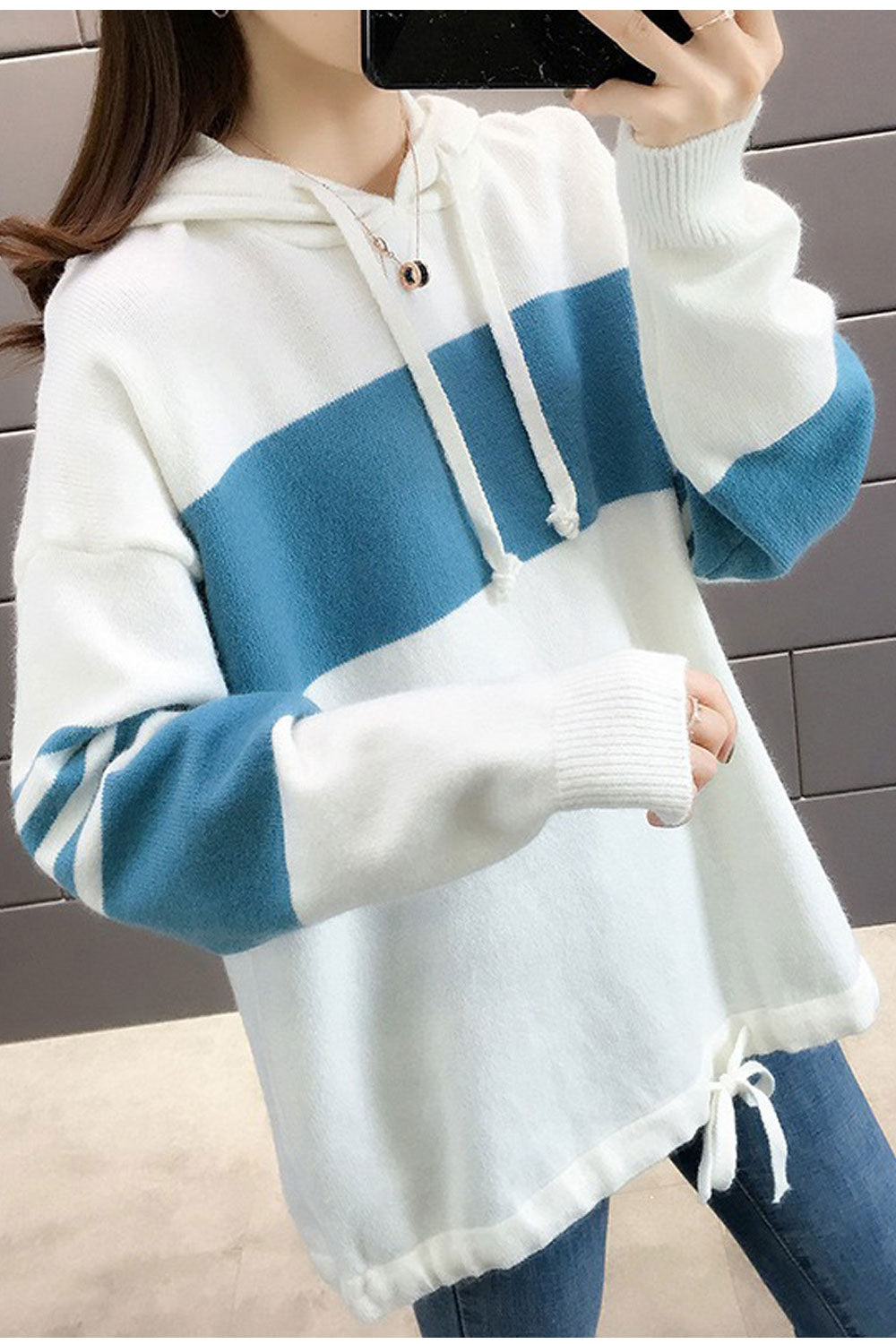 Women Drawstring Hooded Long Sleeve Thick Cozy Sweater
