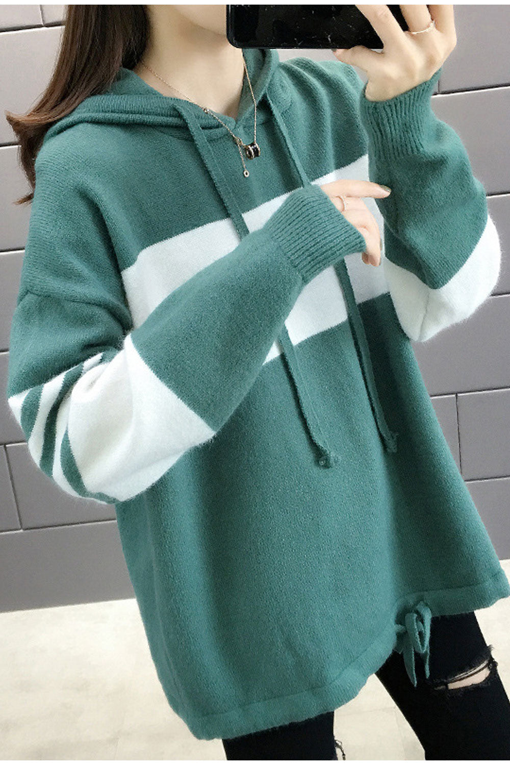 Women Drawstring Hooded Long Sleeve Thick Cozy Sweater