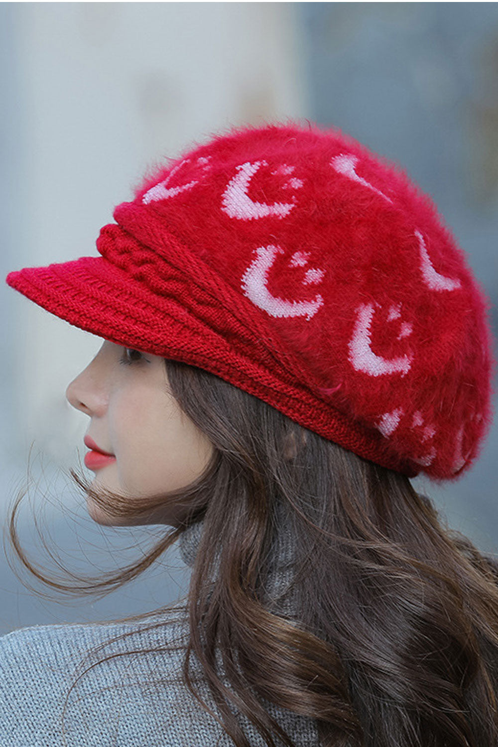 Women Smiley Printed Coldproof Earmuffs Beret Hat