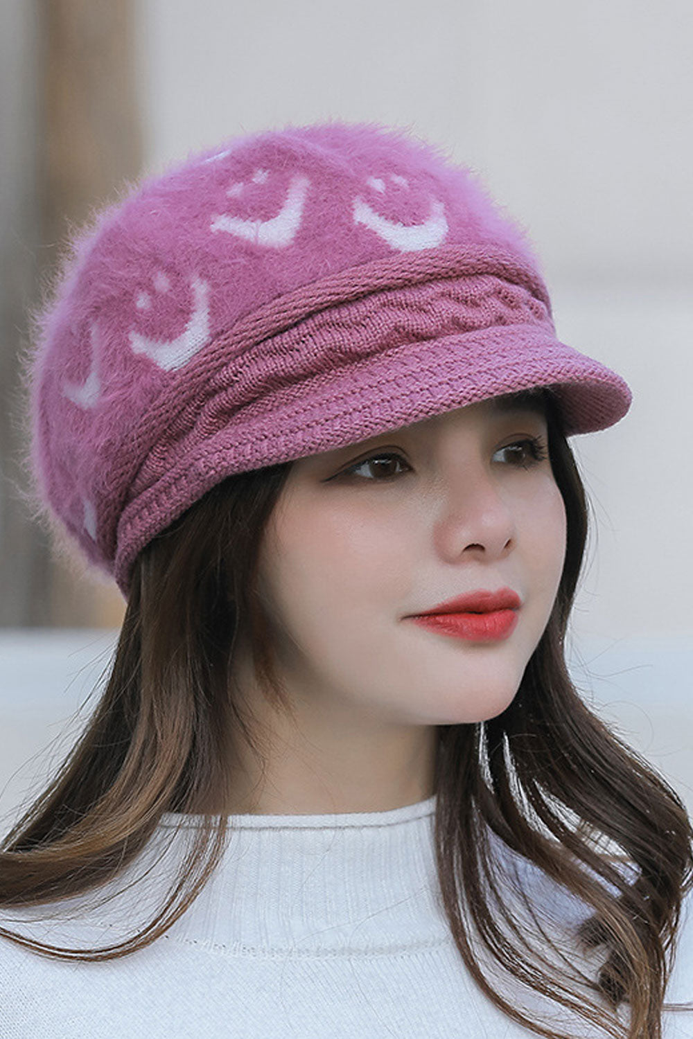 Women Smiley Printed Coldproof Earmuffs Beret Hat