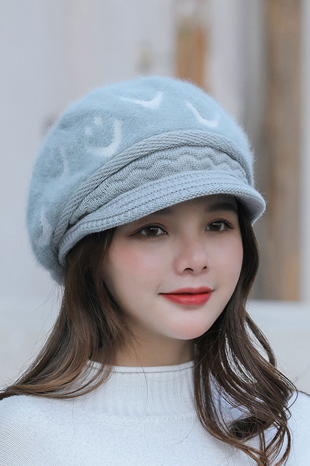 Women Smiley Printed Coldproof Earmuffs Beret Hat
