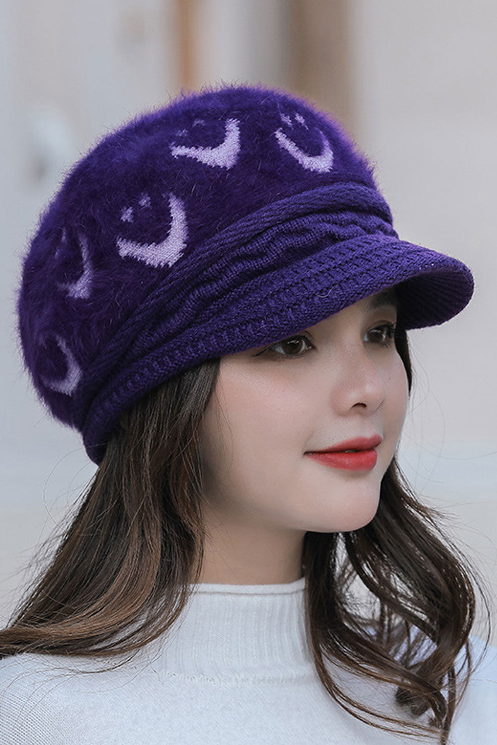 Women Smiley Printed Coldproof Earmuffs Beret Hat