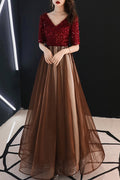 Women Short Sleeve Shiny Sequins Decorated V-Neck Style Evening Dress