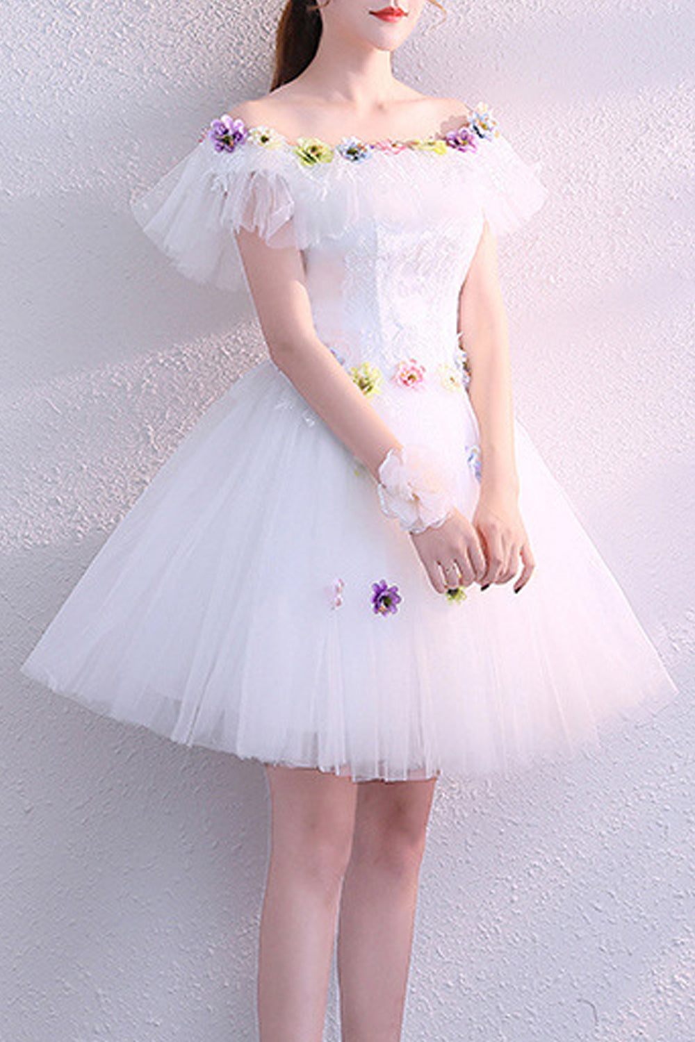 Women Pretty Flower Decorated Short Length Breathable Evening Dress