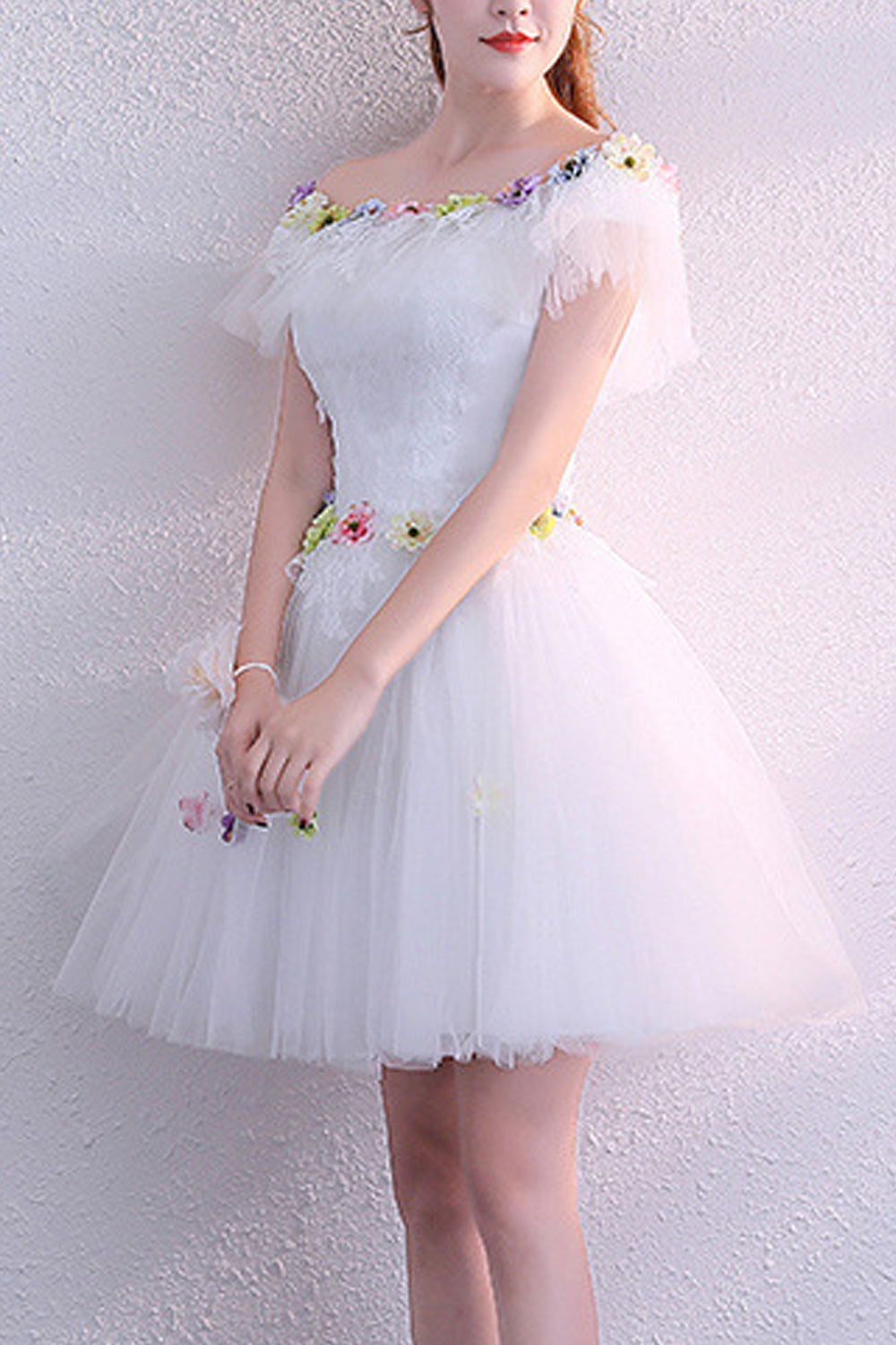 Women Pretty Flower Decorated Short Length Breathable Evening Dress