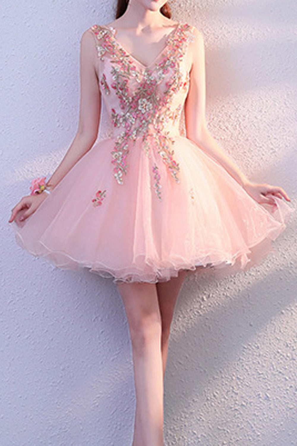 Women Stylish Flower Embroidered V-Neck Short Length Evening Dress
