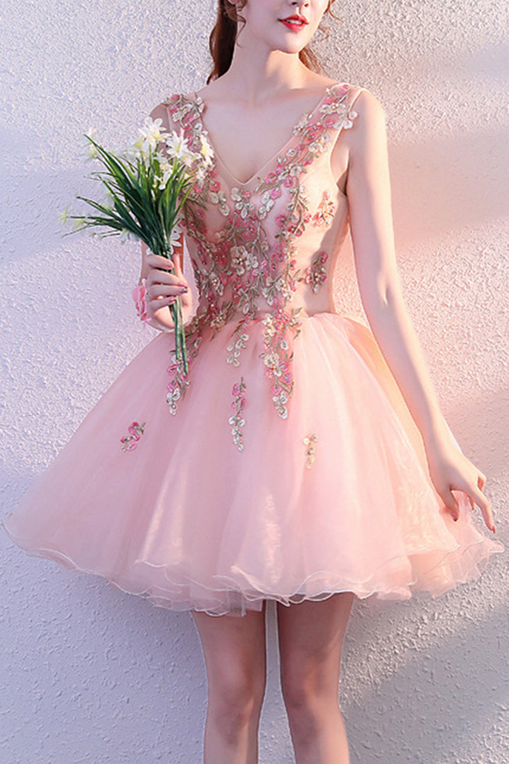 Women Stylish Flower Embroidered V-Neck Short Length Evening Dress