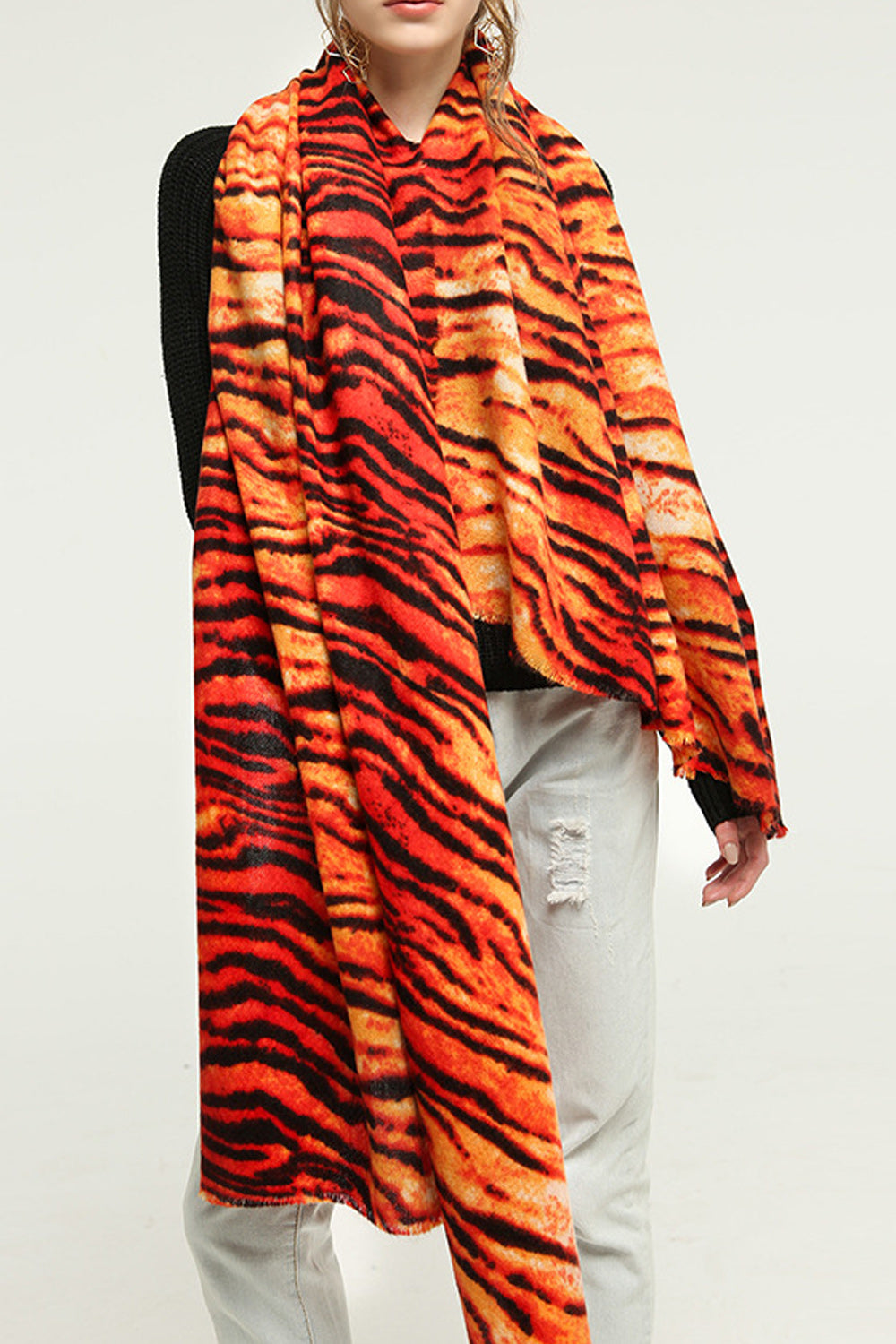 Women Tiger Pattern Long Length Breathable Winter Cozy Muffler