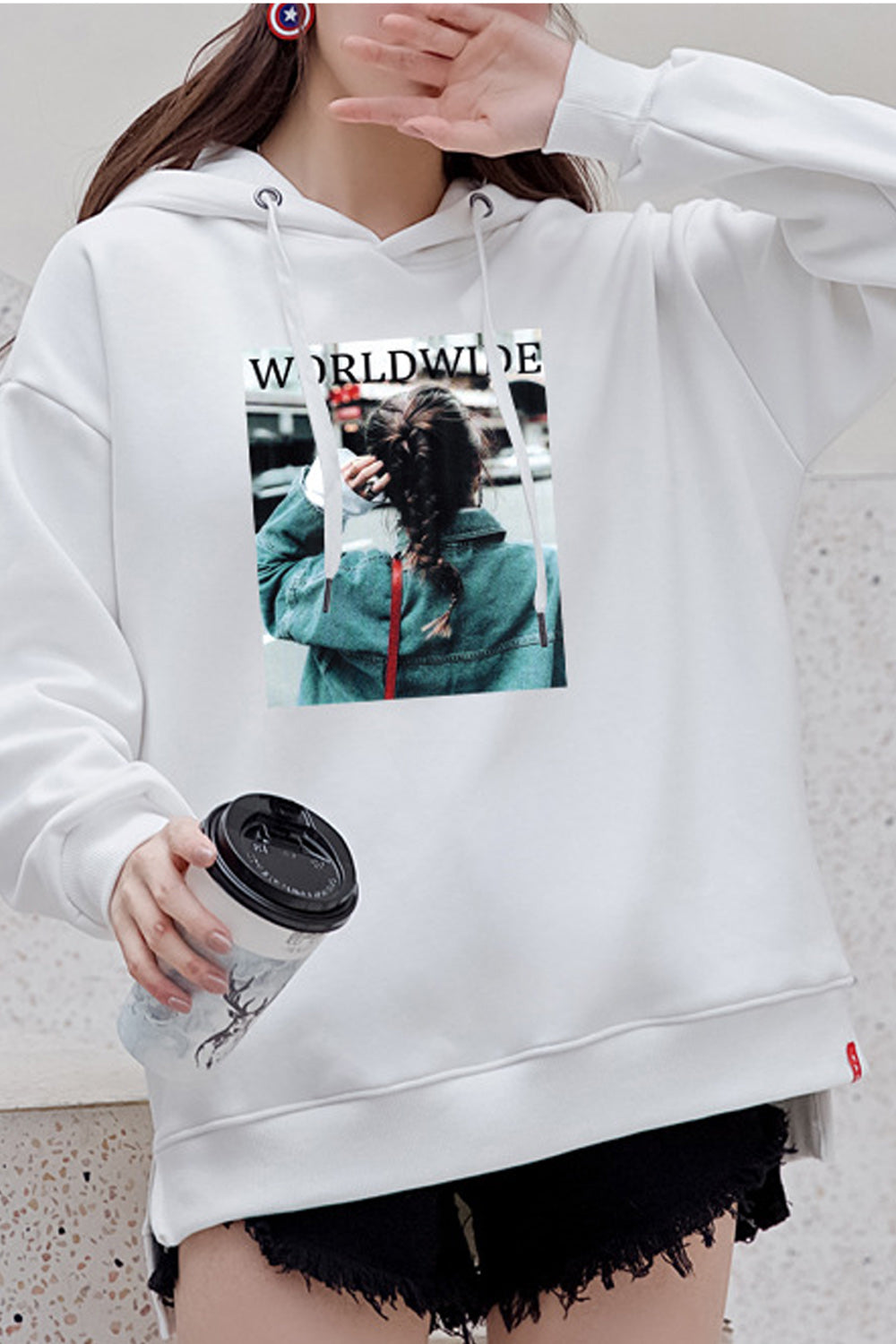 Women Long Sleeve Pretty Printed Style Ribbed Cuff Hoodie