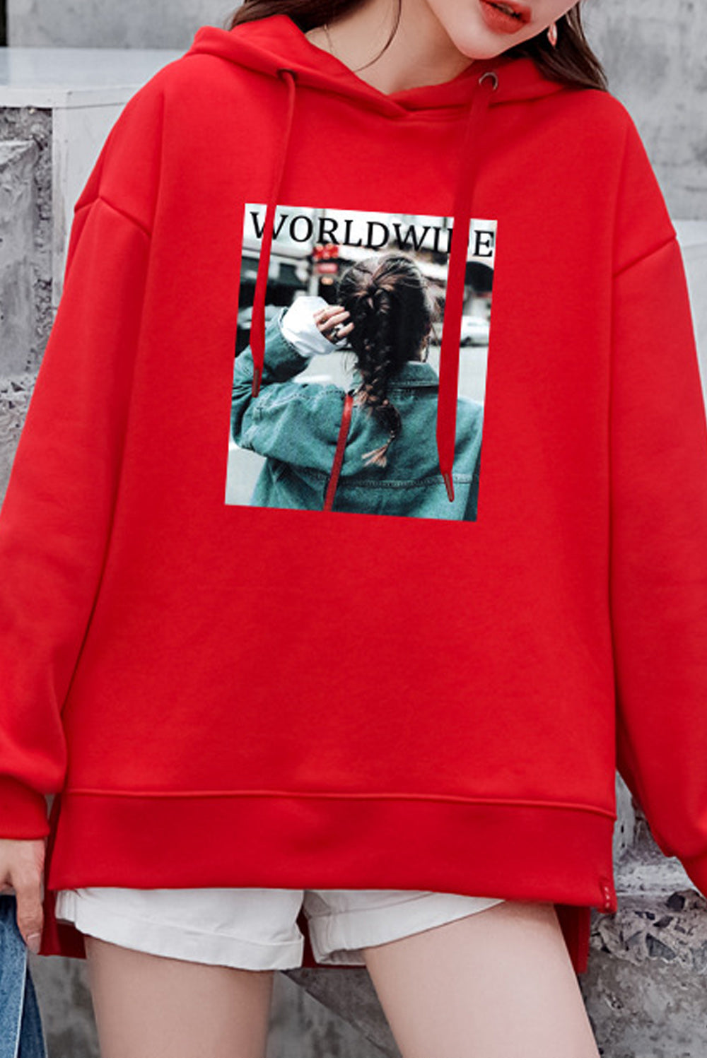 Women Long Sleeve Pretty Printed Style Ribbed Cuff Hoodie