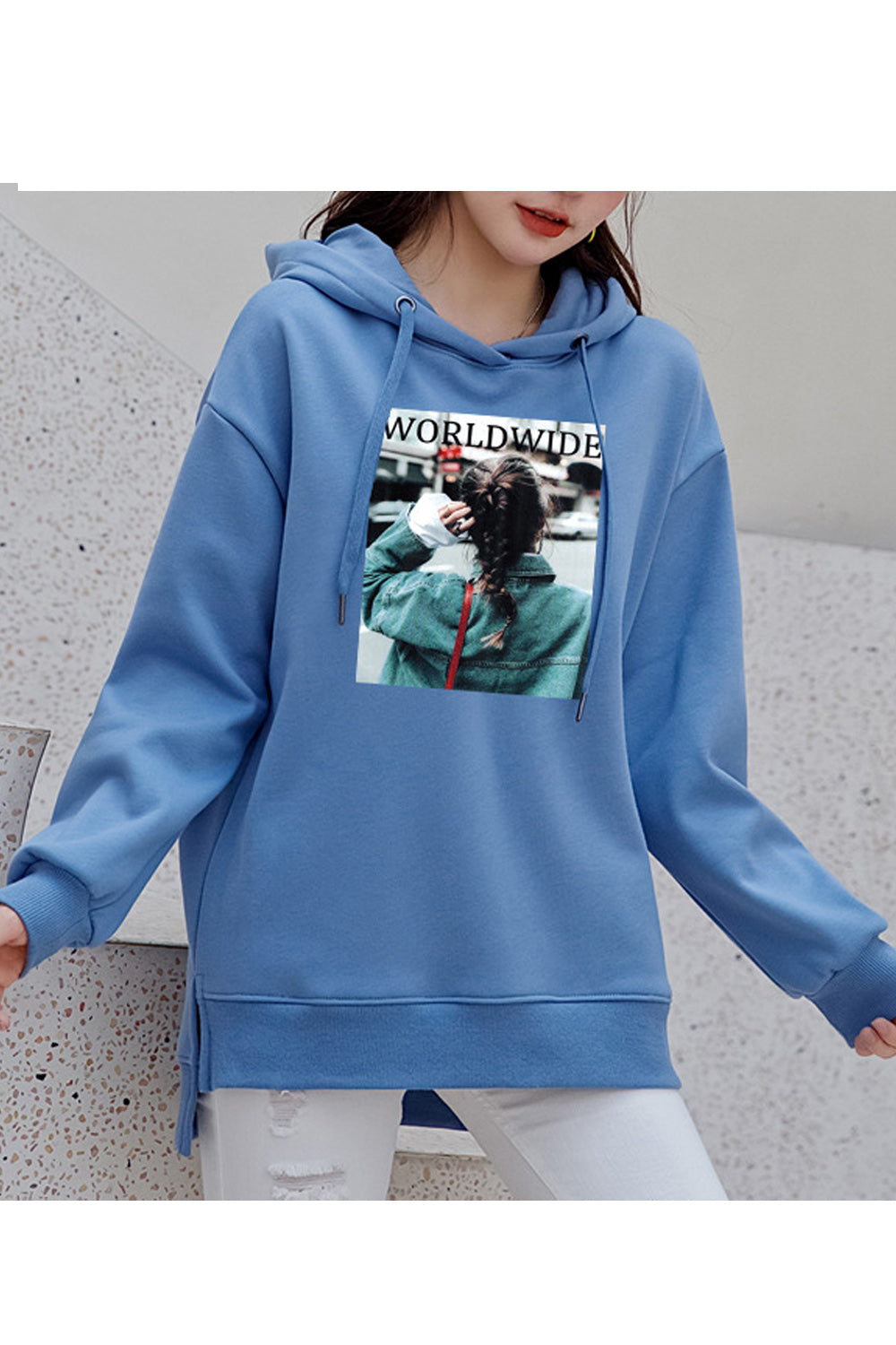 Women Long Sleeve Pretty Printed Style Ribbed Cuff Hoodie