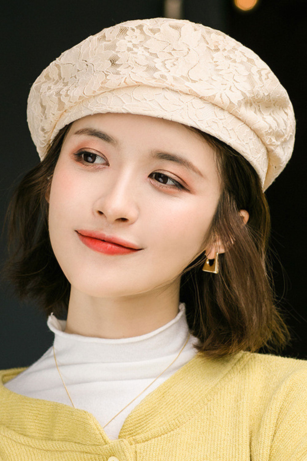 Women Flower Lace Solid Pattern Beautiful Winter Beret Hat