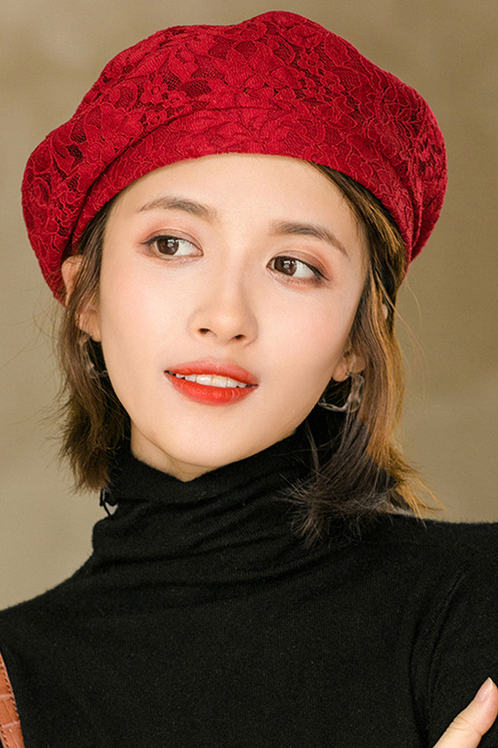 Women Flower Lace Solid Pattern Beautiful Winter Beret Hat