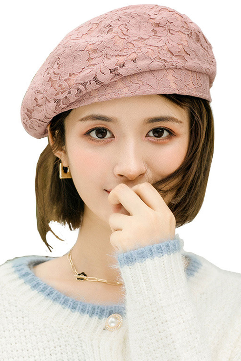 Women Flower Lace Solid Pattern Beautiful Winter Beret Hat